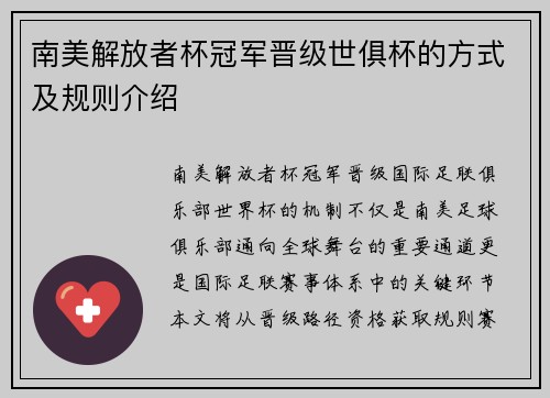 南美解放者杯冠军晋级世俱杯的方式及规则介绍