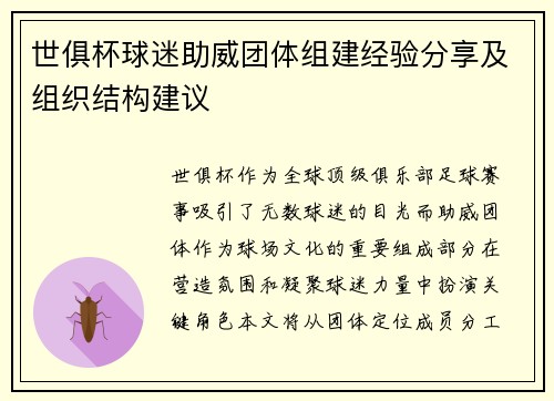 世俱杯球迷助威团体组建经验分享及组织结构建议